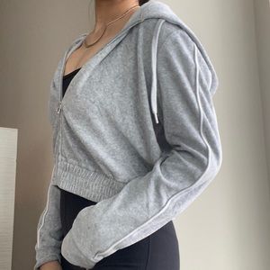 GARAGE Gray Velour Stripe Crop Hoodie